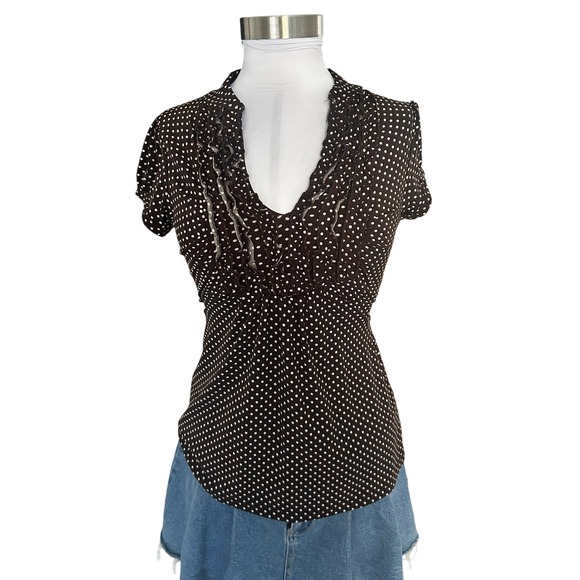 Heart Soul Tops - Vintage Y2K Heart Soul Polka Dot Top Medium Brown Ruffle V-Neck Cinched Tie Back